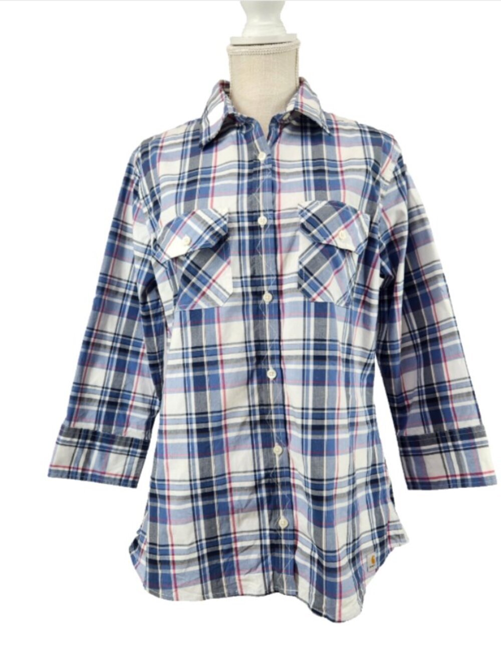 Carhartt Button Up Womens Shirt XL Roll Tab 3/4 Length Sleeve Blue Plaid